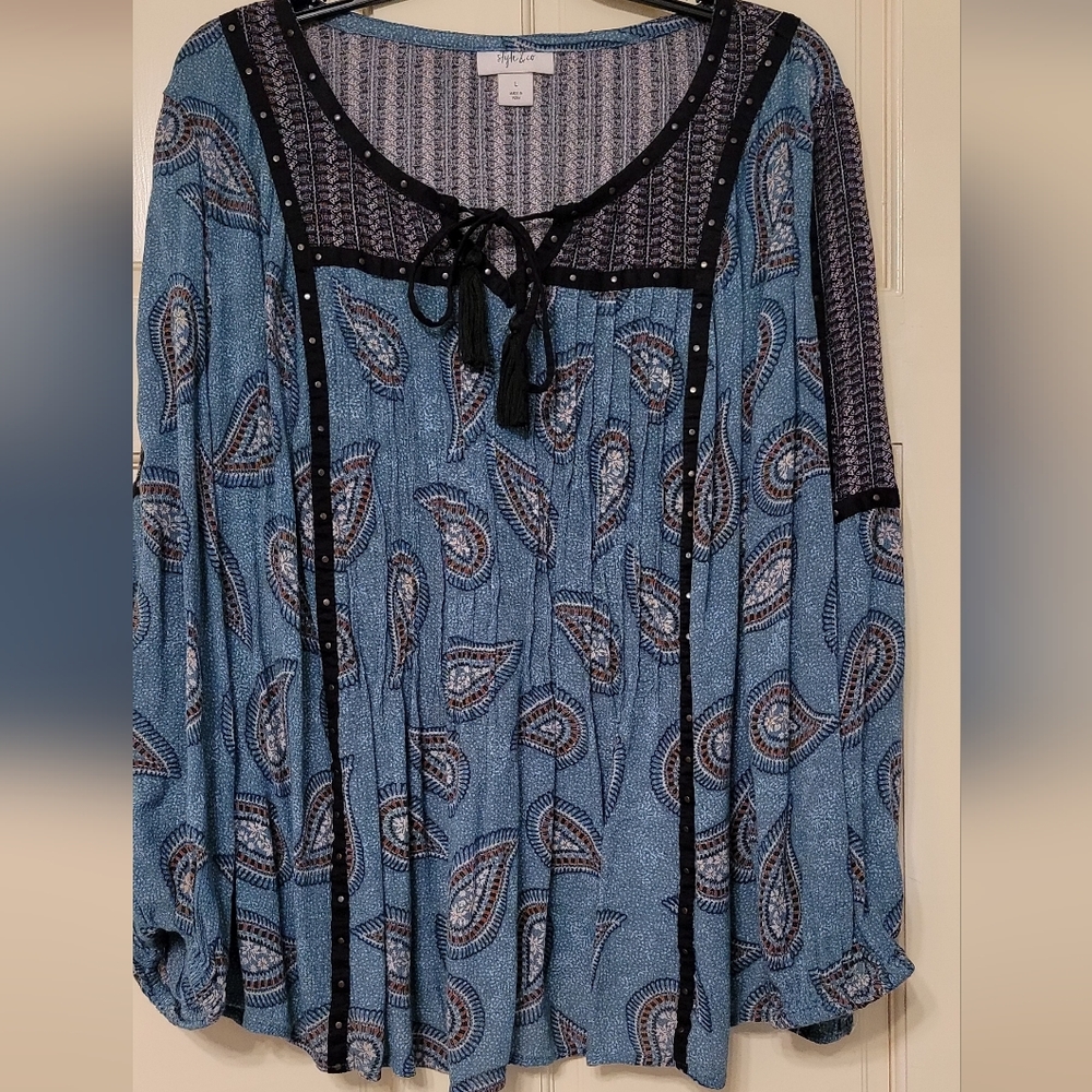 Style & Co Boho Blue and Black Paisley Blouse Size L
